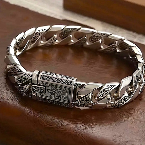 Stainless Steel Chain Link Bracelet, Mantra, Curb Hand Woven Engraved - Picture 1 of 8